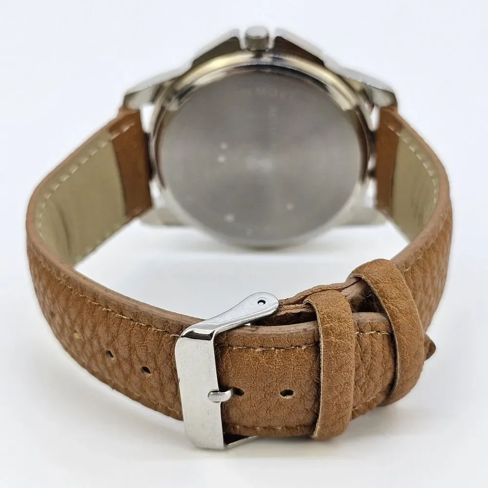 Men's Watch 47MM‎ Blue Dial Brown Faux Leather Bands New Battery